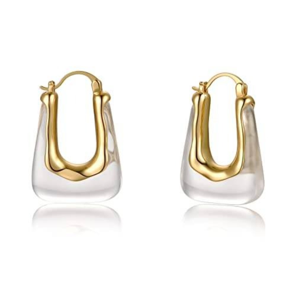 Gold Tone U-Shape Hoop Earrings Clear Acrylic Resin Geometric Huggie Earrings - Picture 2 of 3